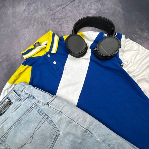 Vintage Rocawear Polo Shirt Mens Medium Blue Yellow Y2K Colorblock Streetwear - Picture 8 of 8